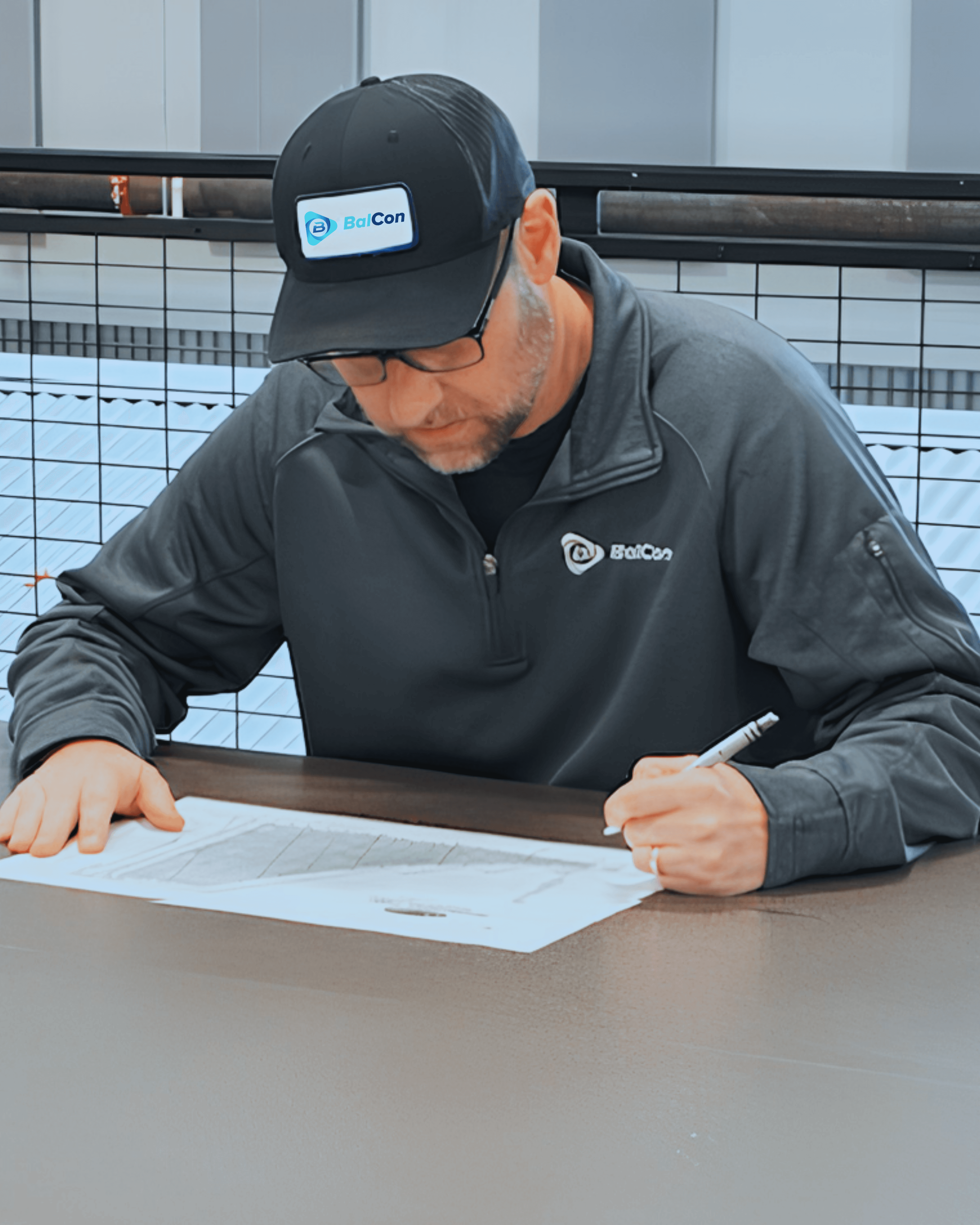 Person in a dark cap and shirt with "BaiCon" logo, writing on a document at a table.